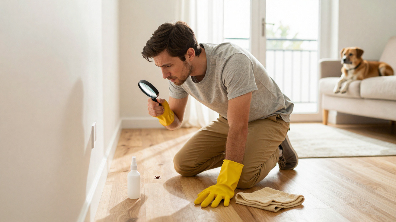 Man in yellow gloves inspecting a bug on a wooden floor with a magnifying glass, dog on sofa in background.