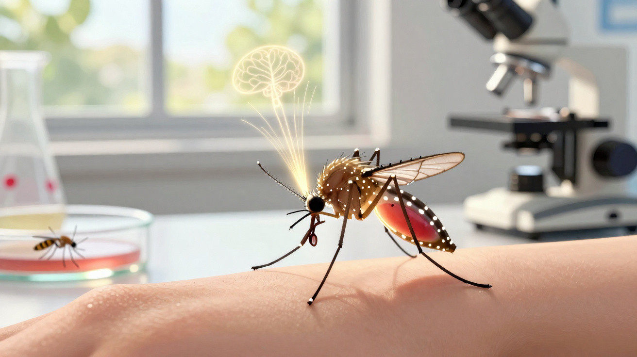 Mosquito feeding on human skin with glowing brain illustration and lab equipment in the background.