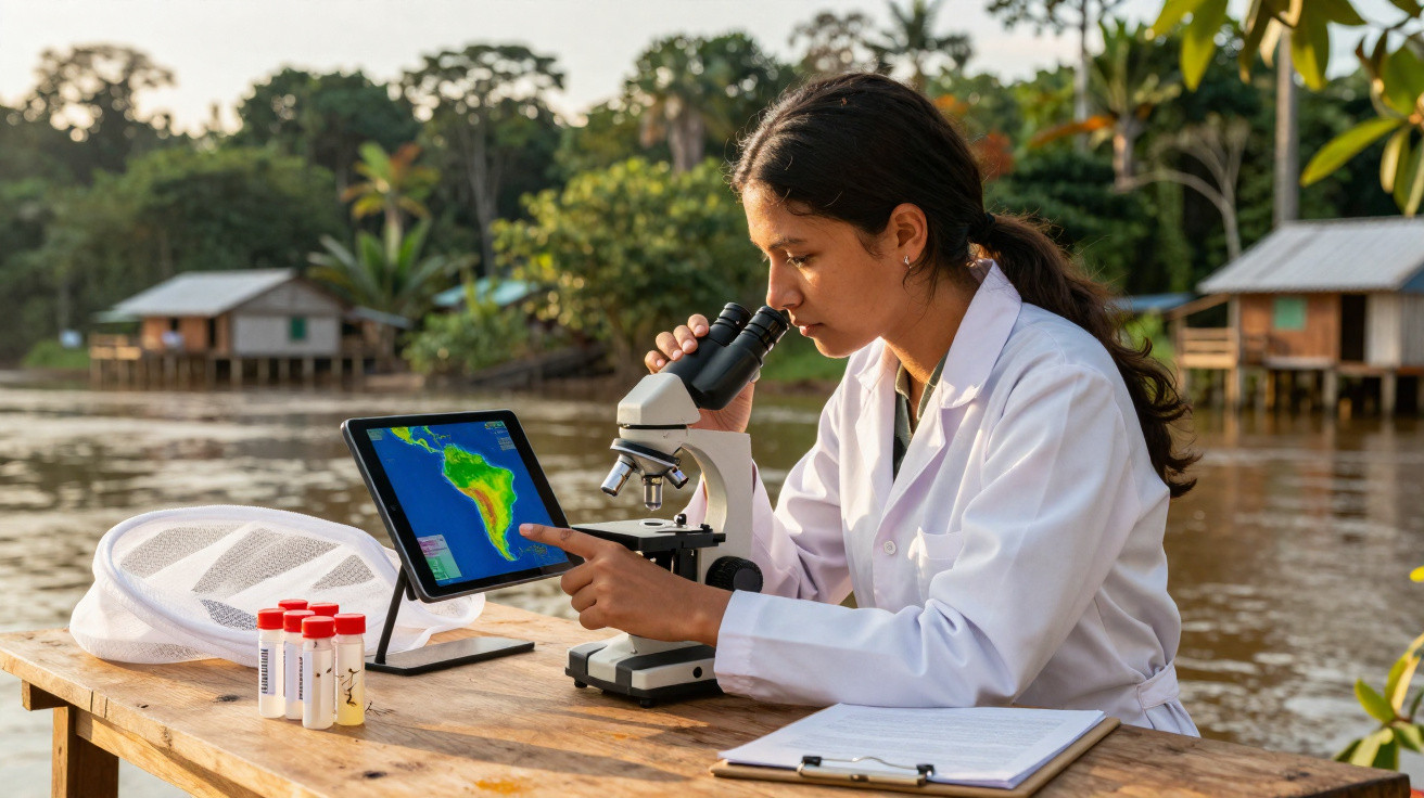 Female scientist in a lab coat using a microscope and tablet by a riverside with test tubes and a clipboard on the table.