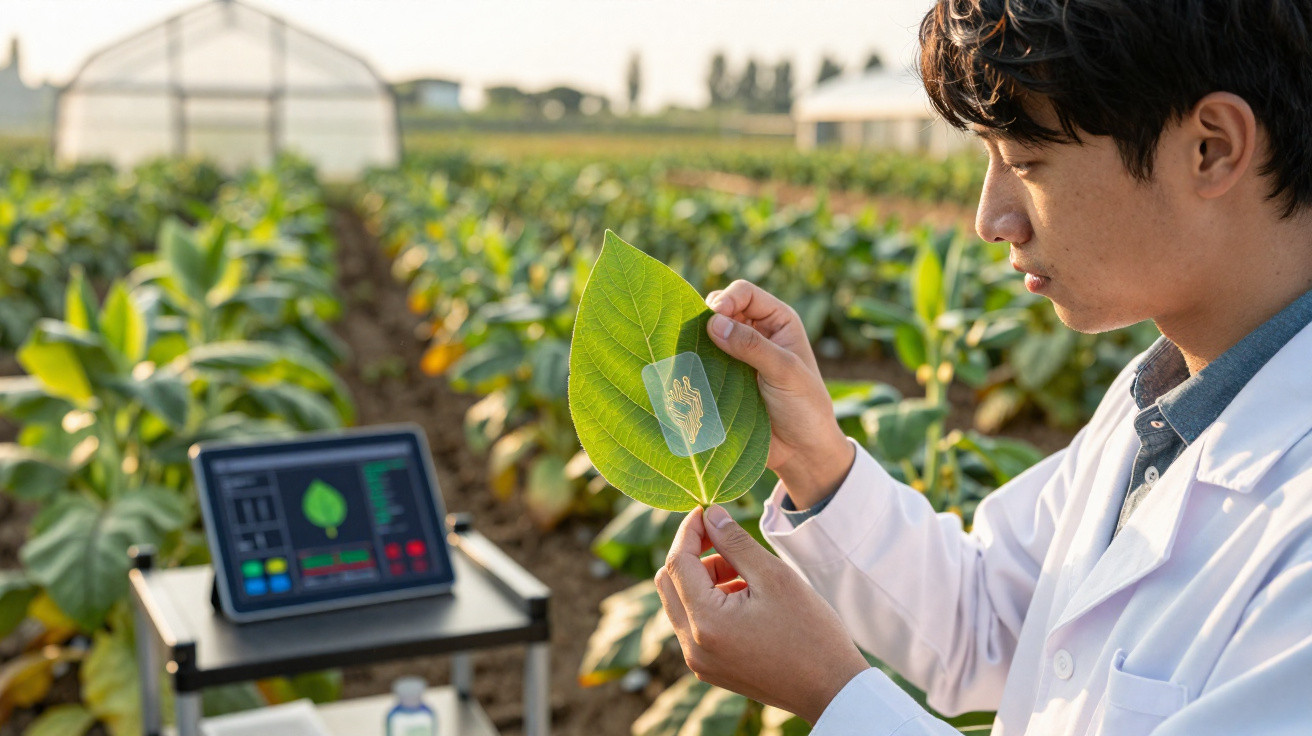 Scientist in a field examines a leaf with a digital sensor, tablet displaying plant data in the background.