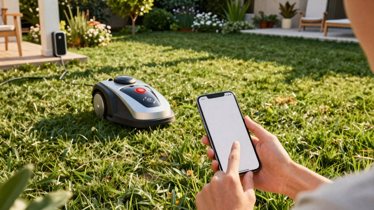 Person controlling a robotic lawn mower on grass using a smartphone with a blank screen.