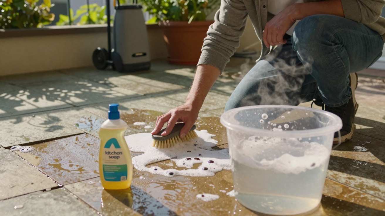 Person scrubbing a tiled floor with a brush, soapy water, and a bottle of kitchen soap nearby.