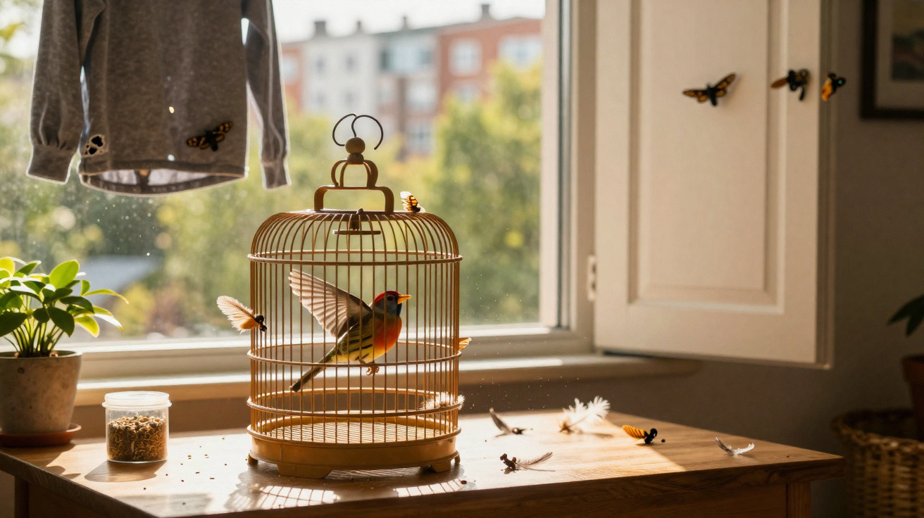 Robin perched inside golden birdcage on wooden table with moths flying around in sunlit room by window