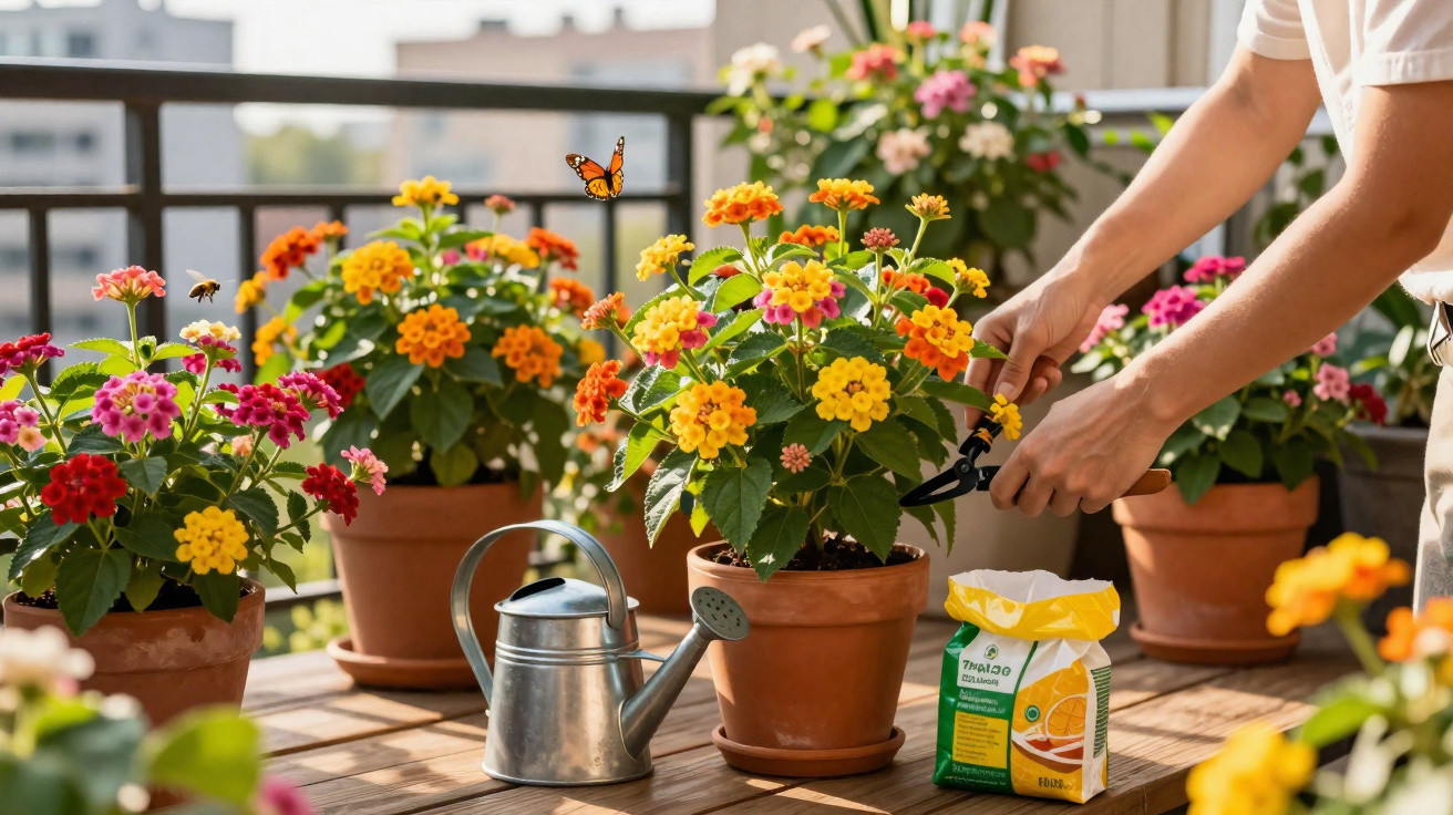 Person pruning colourful potted flowers on a balcony with a watering can and plant food bag nearby.