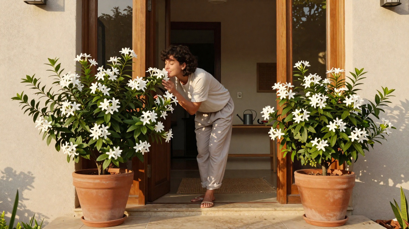 Person smelling white flowering plants in terracotta pots outside a doorway on a sunny day.