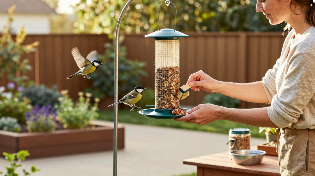 Woman feeding birds at a garden bird feeder with two birds landing nearby on a sunny day