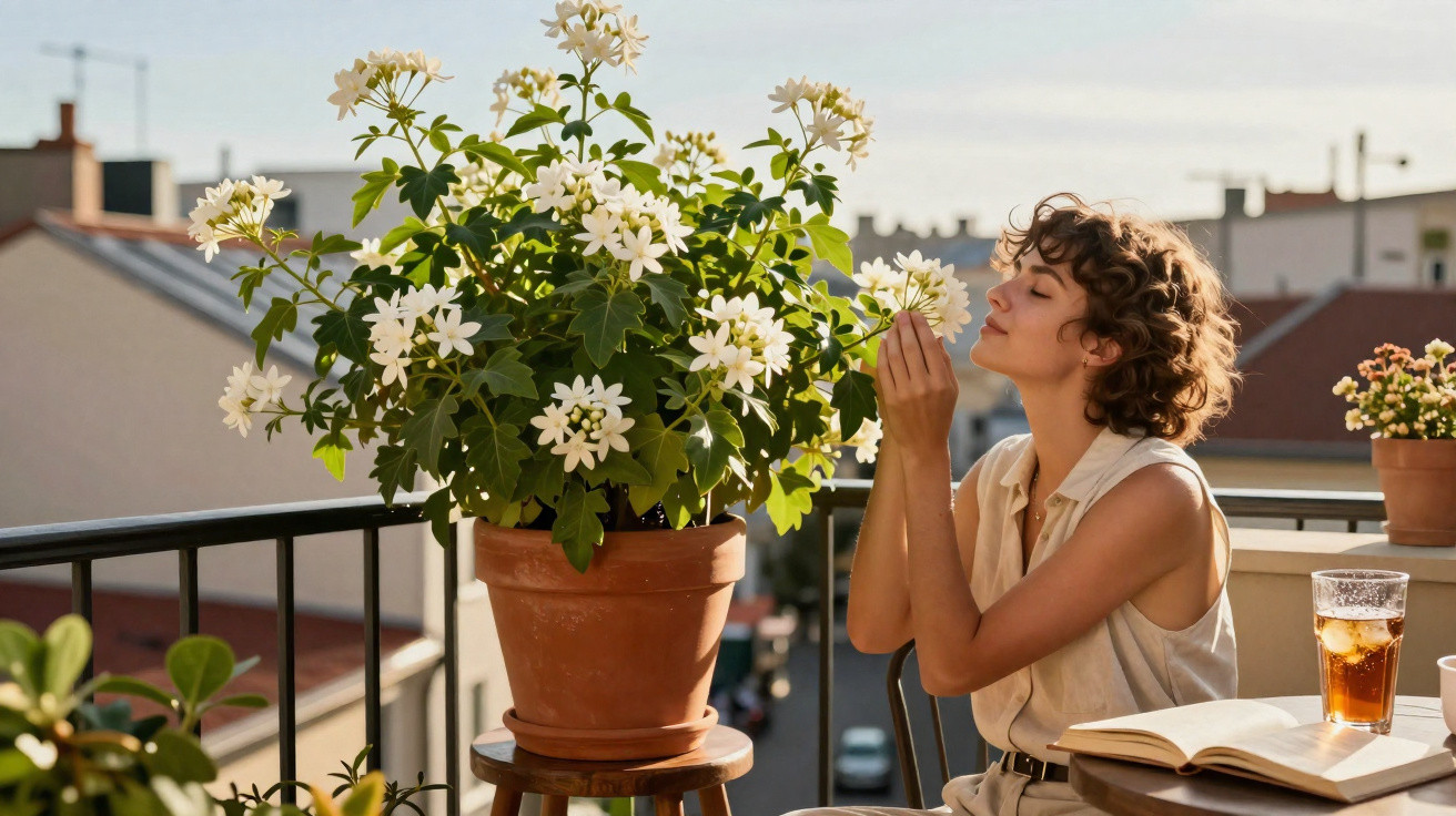 Young woman smelling white flowers on a balcony with a book and iced drink nearby on a sunny day