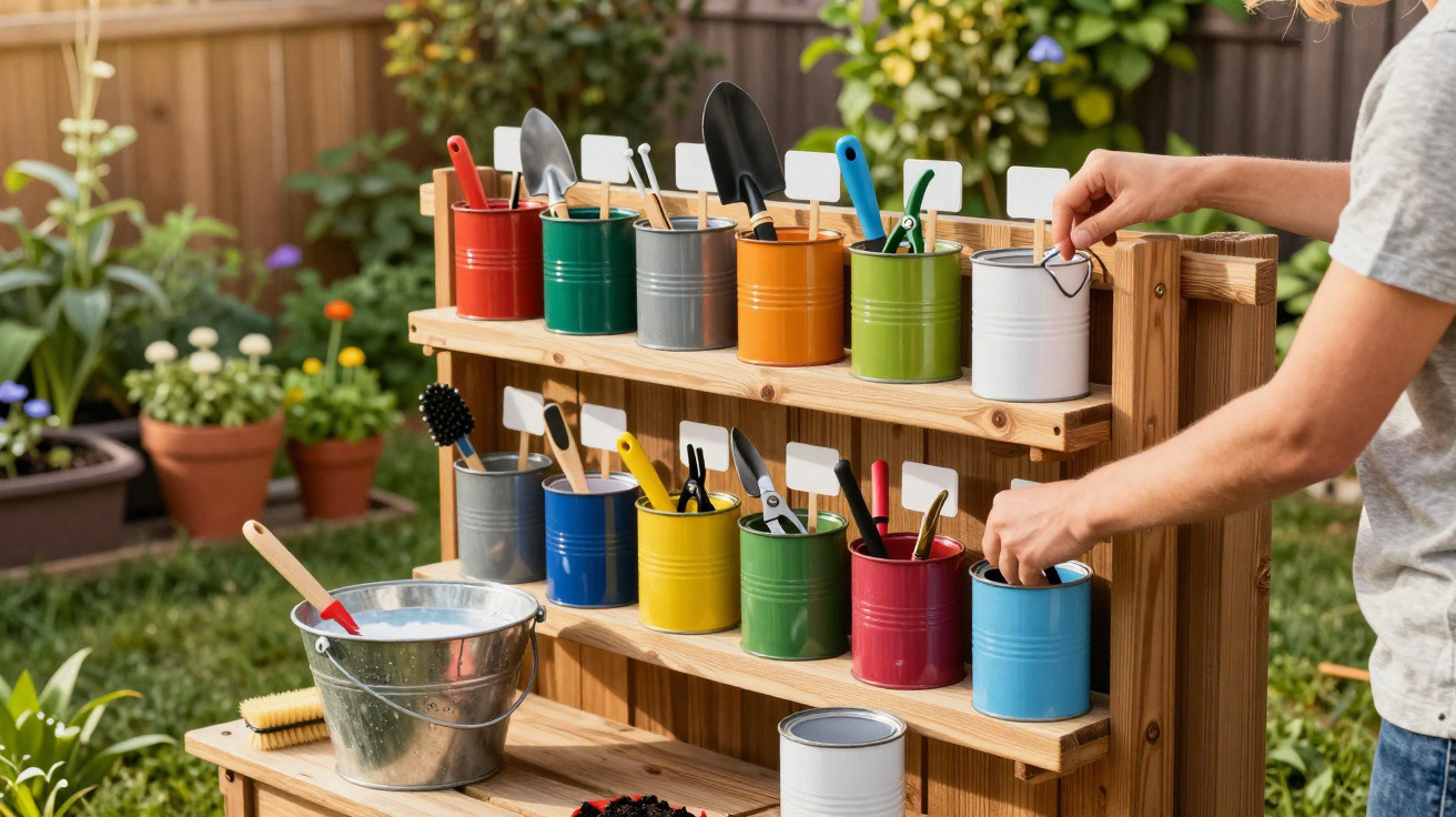 Person organising colourful metal tins with gardening tools on wooden shelves in a garden setting.