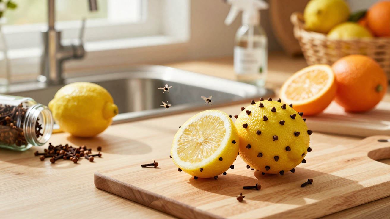 Lemons with cloves stuck in them on a wooden board with flies nearby in a bright kitchen setting.