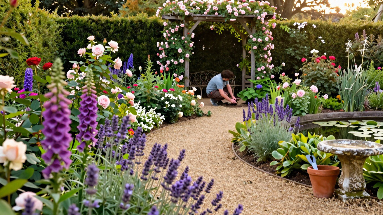 Person gardening by a flower-covered wooden arbor in a vibrant garden with a pond and birdbath nearby.