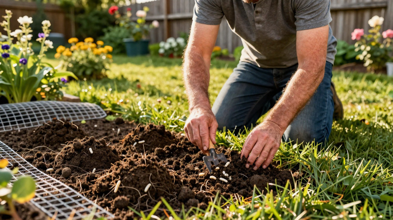 Man kneeling in garden bed planting seeds with small hand fork, surrounded by flowers and grass.