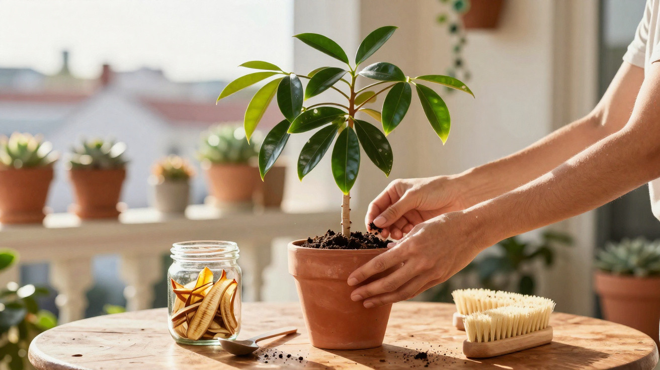Person planting a small green plant in a terracotta pot on a wooden table indoors.