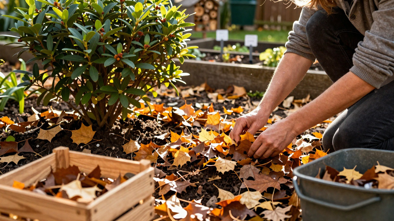 Person raking autumn leaves from soil in a garden bed, with wooden crate and metal bucket nearby.