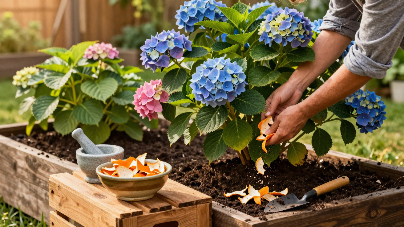 Hands spreading orange peels as natural fertiliser around blooming blue and pink hydrangeas in a raised garden bed.