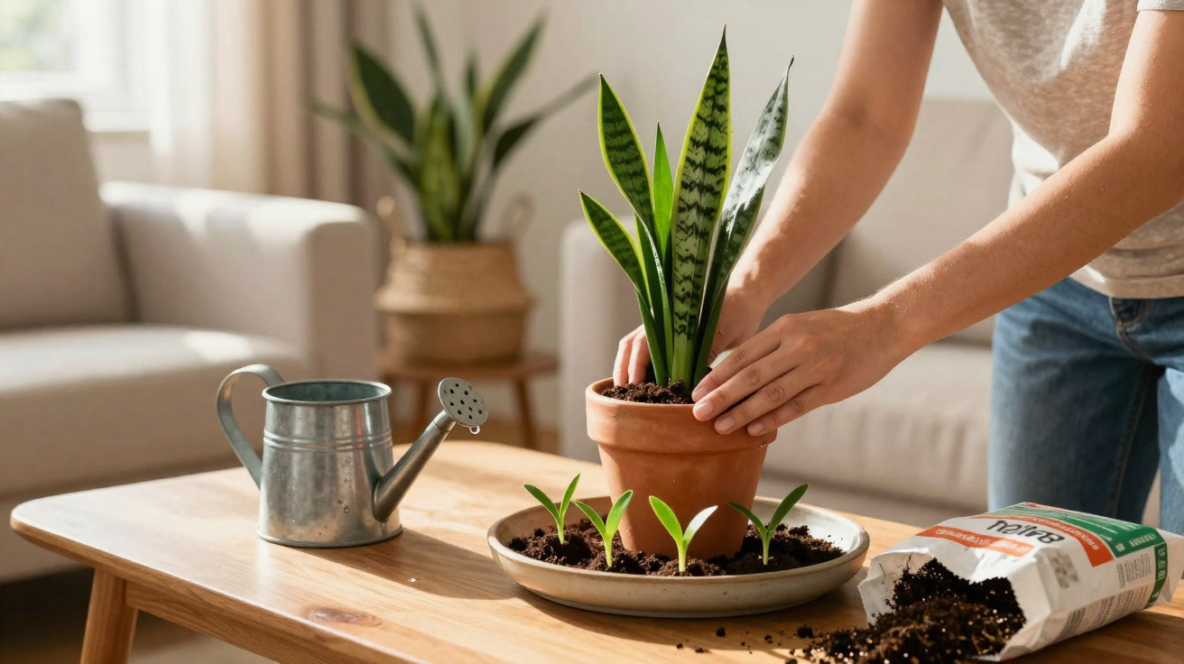 Person repotting a snake plant on a wooden table with seedlings, watering can, and spilled soil indoors.