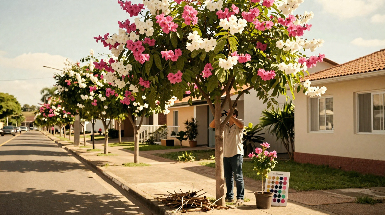 Person tending to pink and white flowering trees along a sunny suburban street with single-story houses.
