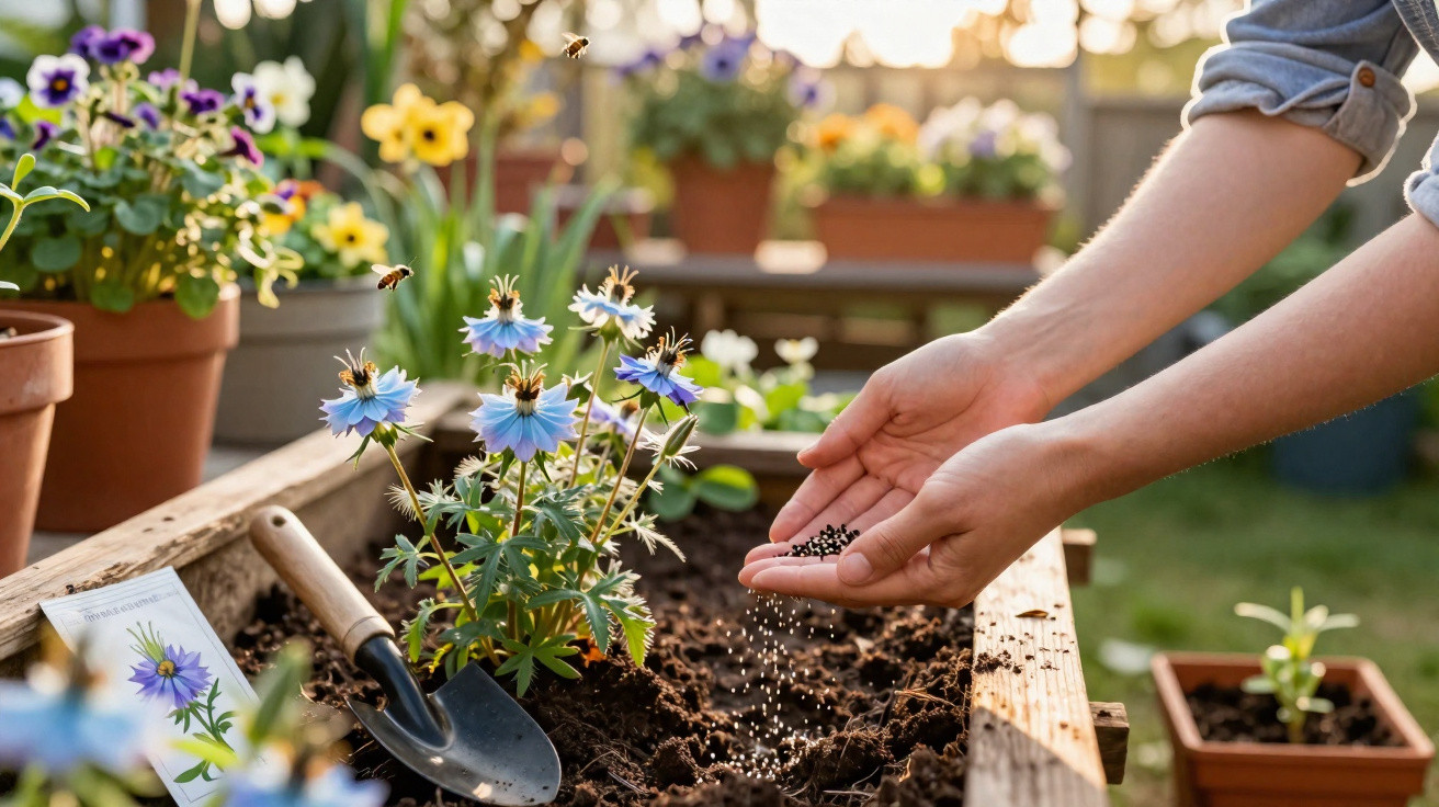 Person sowing seeds in a raised garden bed with blue flowers and bees flying around.