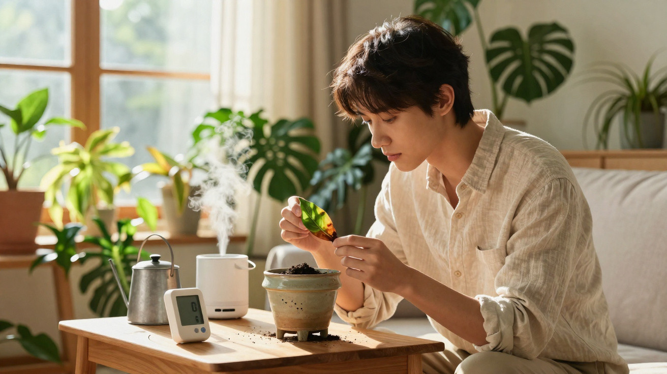 Young man tending to a potted plant on a wooden table in a sunlight-filled room with various houseplants.