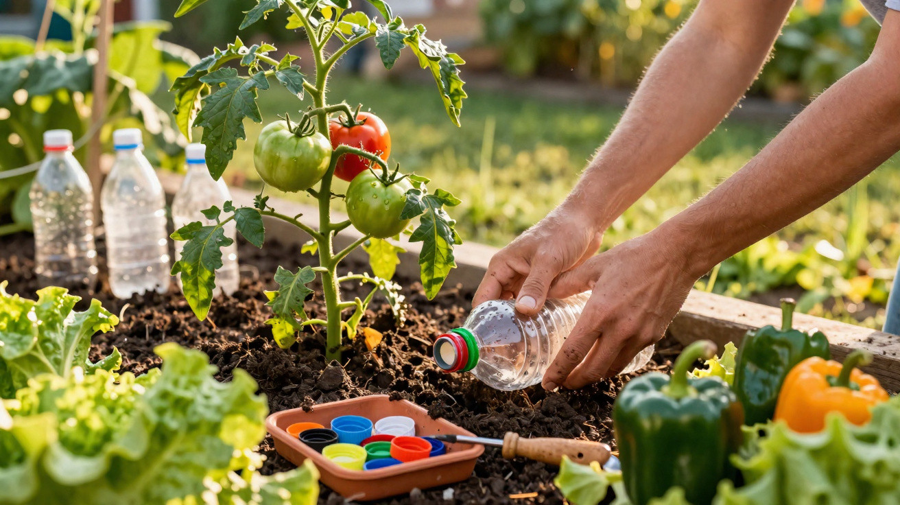 Hands pouring water from a plastic bottle onto a young tomato plant in a garden with peppers and lettuce nearby.