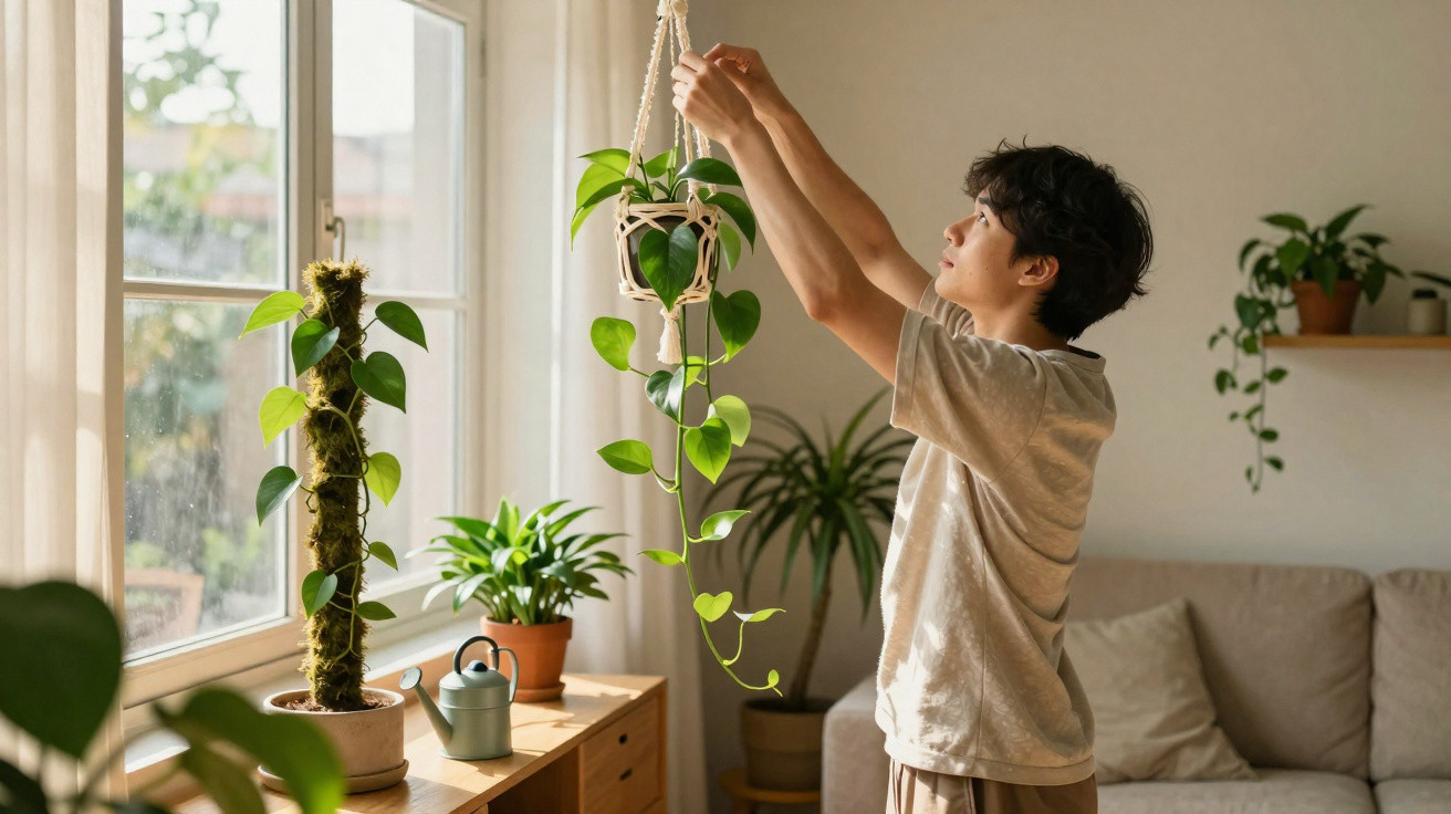 Young man adjusting a hanging plant in a bright, plant-filled living room by a large window.