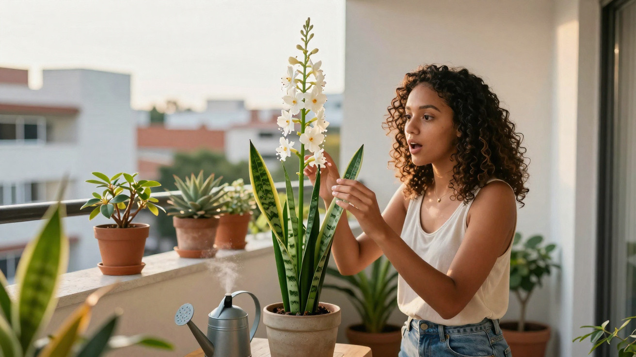 Young woman tending to a tall flowering snake plant on a balcony with other potted plants.