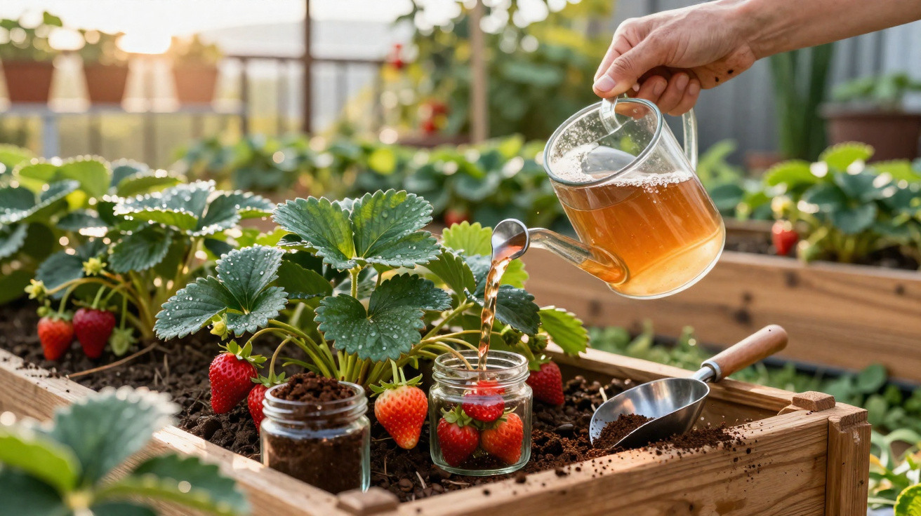 Hand pouring tea from a glass teapot into a jar with strawberries in a wooden garden planter box.