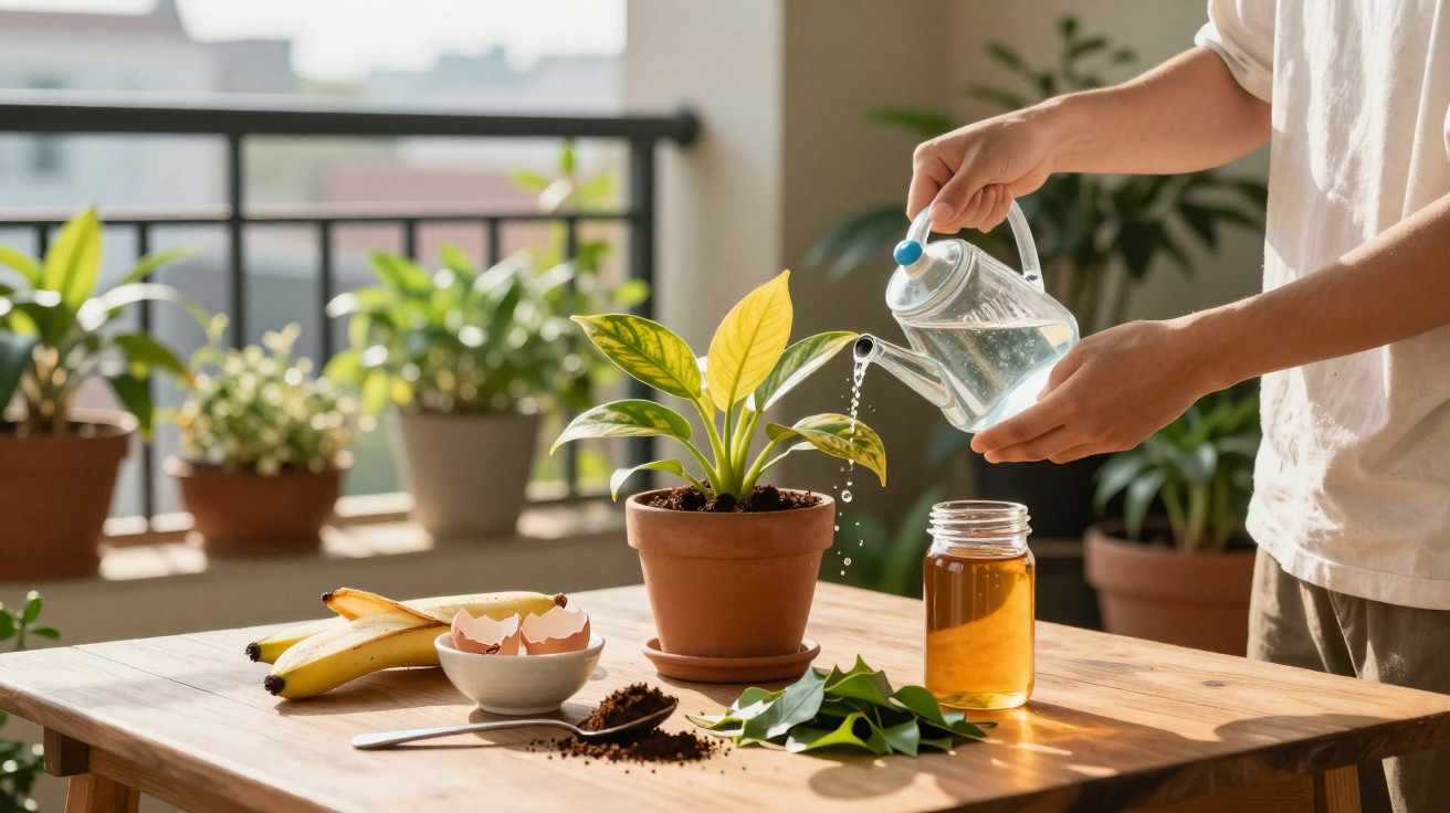 Person watering a potted plant on a wooden table with gardening supplies and plants in the background.