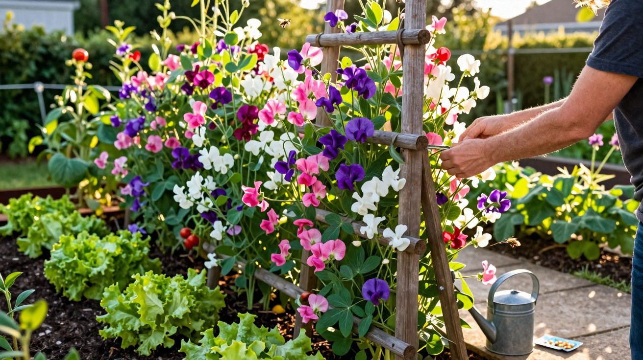 Person tending colourful sweet pea flowers growing on a wooden trellis in a sunny garden.