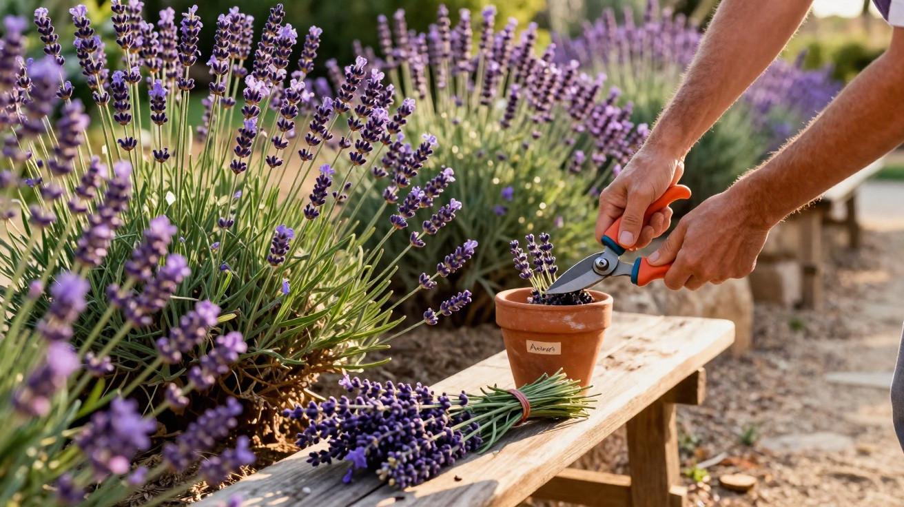 Person harvesting fresh lavender with scissors into a small pot on a wooden bench outdoors.