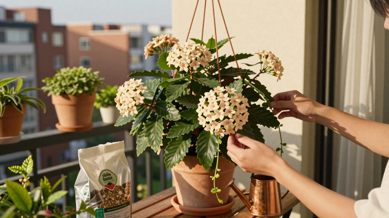 Person tending to a hanging pot of white flowering plants on a sunny balcony.
