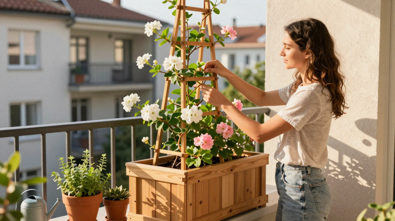 Young woman tending to flowering plants on a sunny balcony with residential buildings in the background