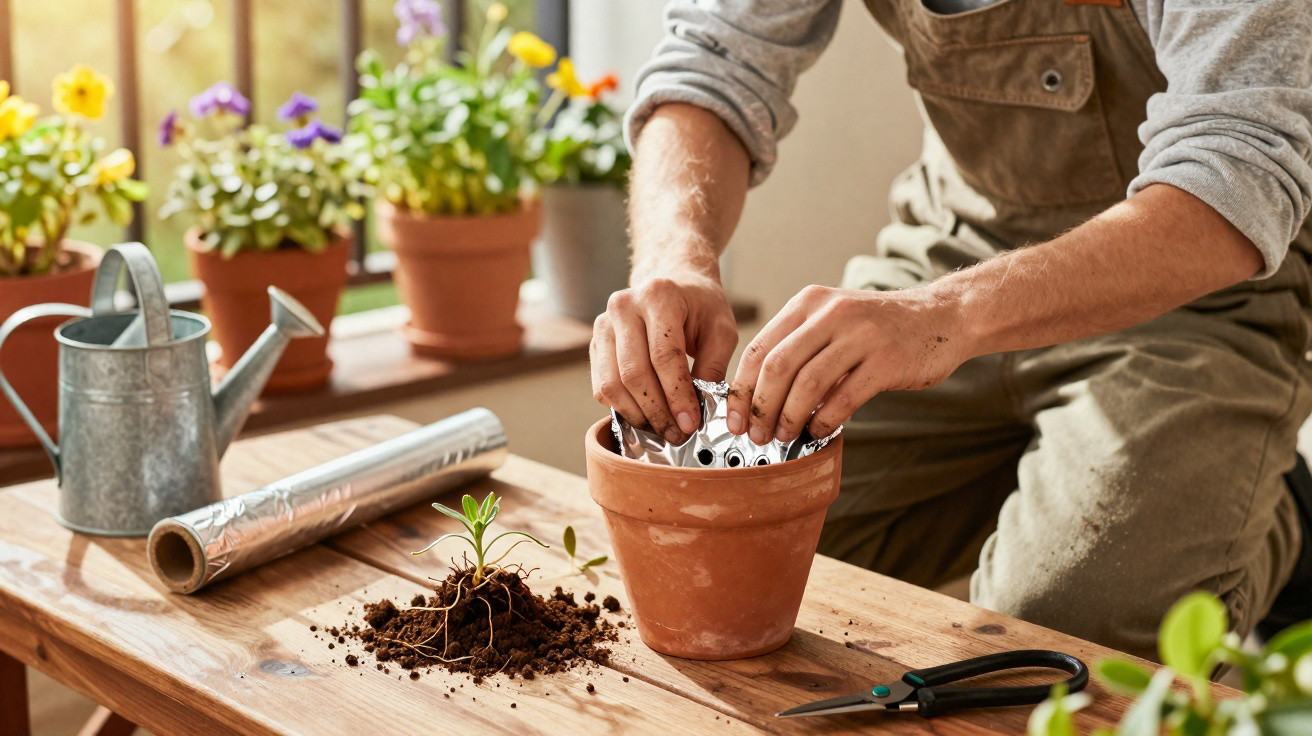 Person preparing a terracotta pot with aluminium foil for planting on a wooden table with gardening tools.