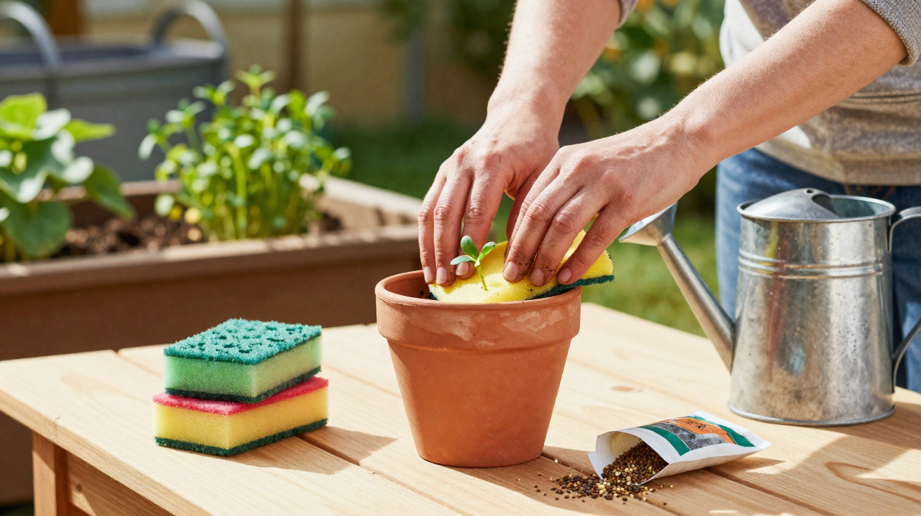 Person cleaning a small potted plant with a sponge on a wooden table outdoors.