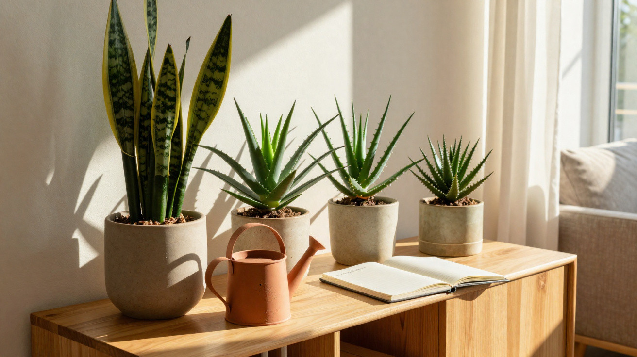 Four potted succulent plants, a small terracotta watering can, and an open notebook on a wooden cabinet in sunlight.