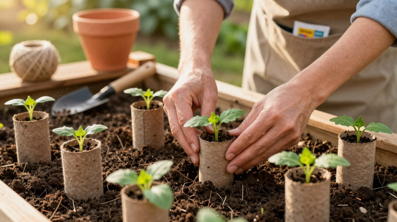 Hands planting young seedlings in biodegradable pots in a wooden garden bed outdoors.