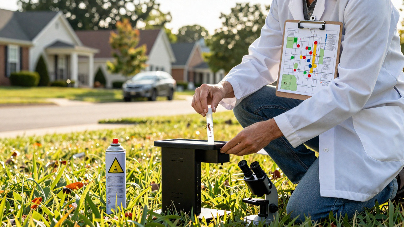 Person in white lab coat setting a test tube into a black device outdoors with a microscope and spray can nearby.