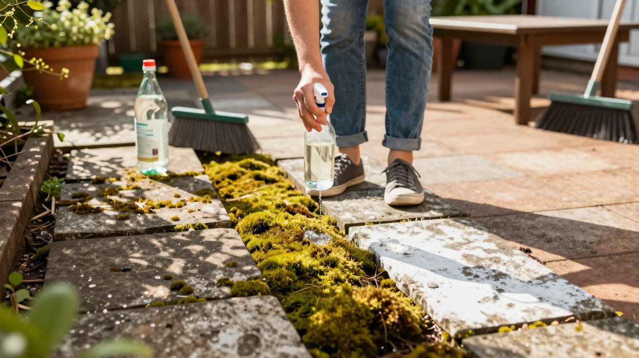 Person spraying moss on stone tiles in a garden patio with brooms and a spray bottle nearby.
