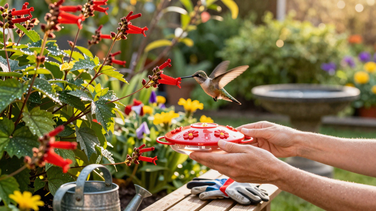 Hummingbird feeding from a red feeder held by hands in a sunlit garden with flowers and gardening tools.