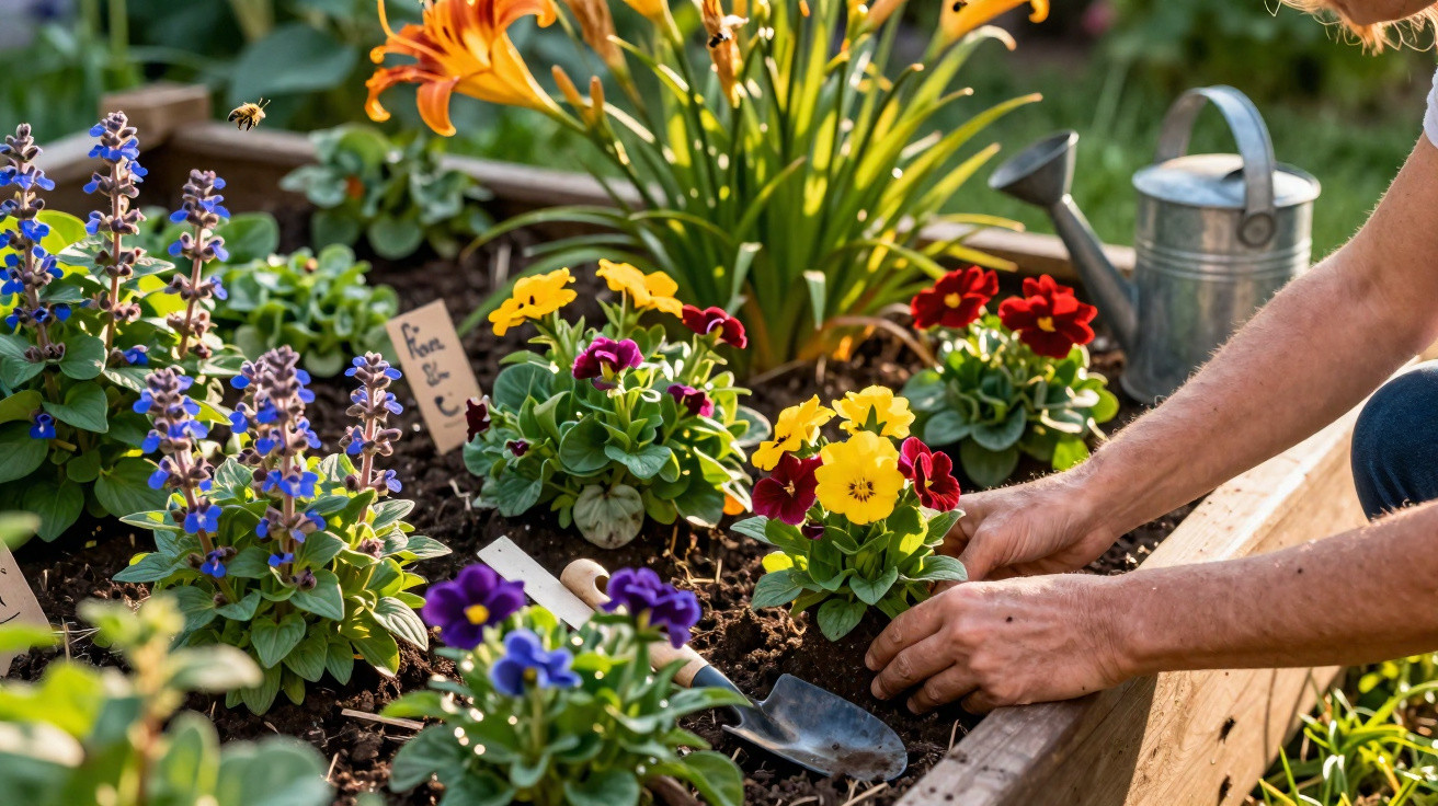 Person planting colourful pansies and other flowers in a raised garden bed with a watering can nearby.