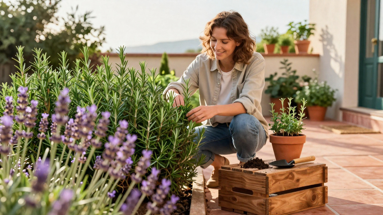 Woman tending to plants in a garden with lavender and rosemary on a sunlit patio.