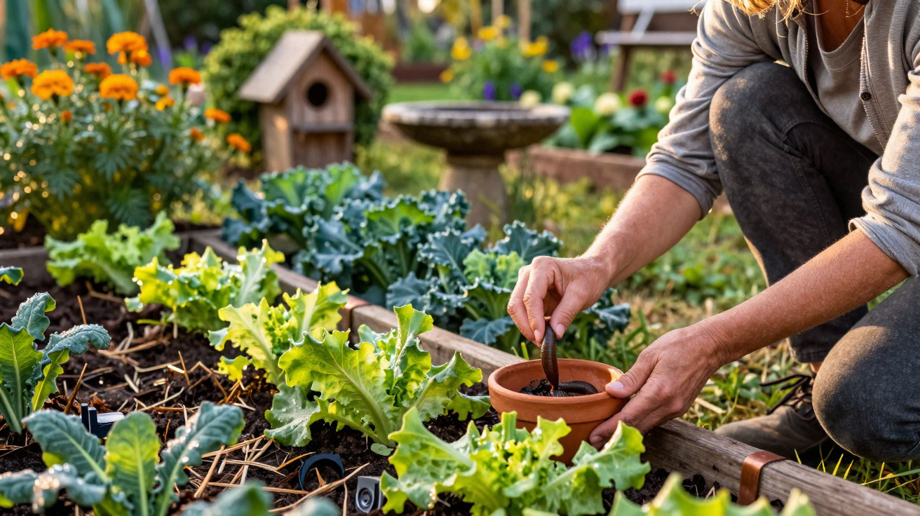 Person planting seeds in a terracotta pot in a vegetable garden with leafy greens and marigolds nearby.