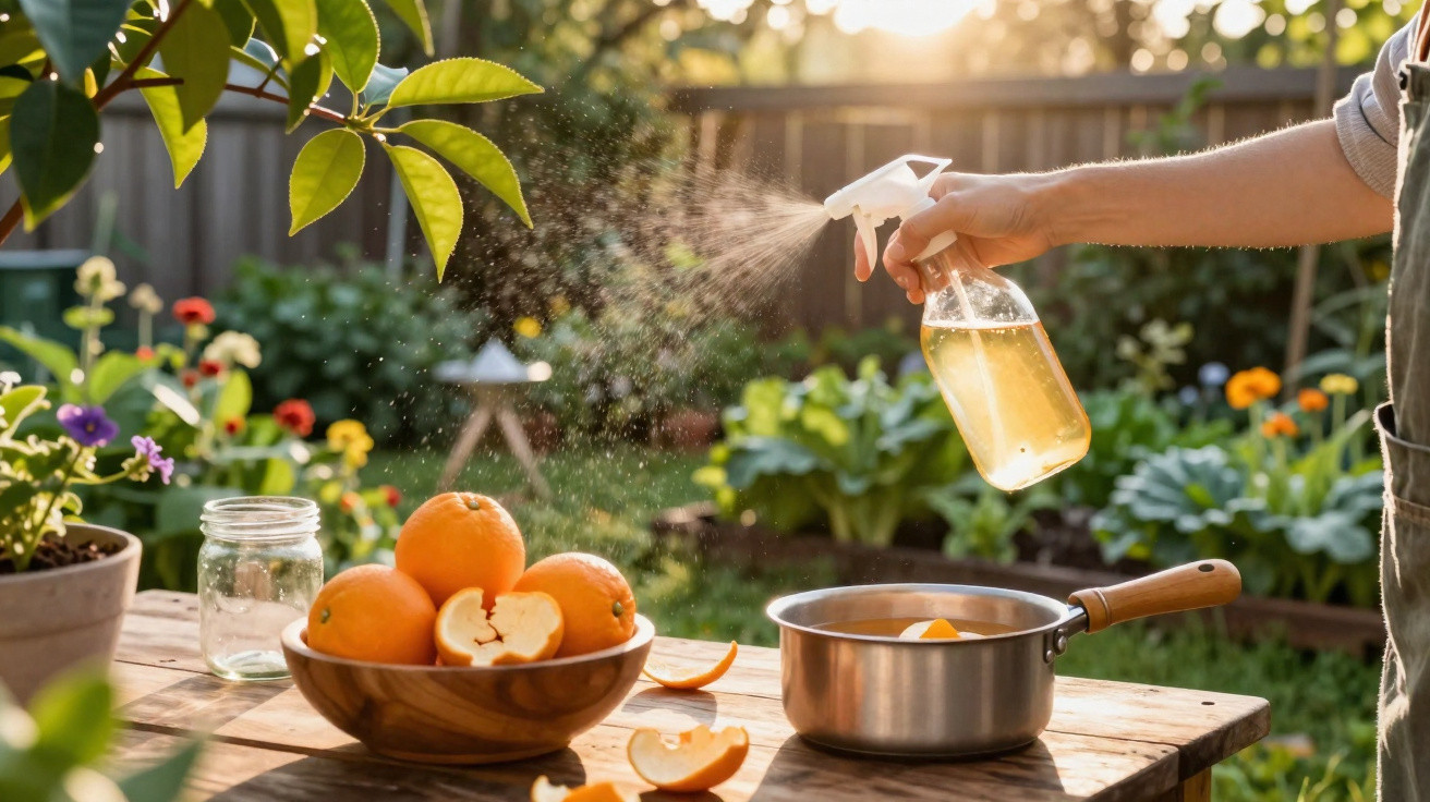 Hand spraying liquid from a spray bottle over a bowl of oranges on a wooden table in a garden.