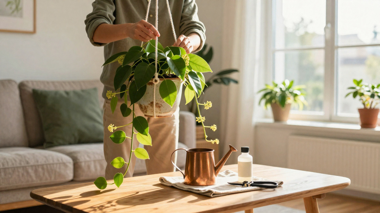 Person hanging a green leafy potted plant above a wooden table with watering can and plant care tools in living room.