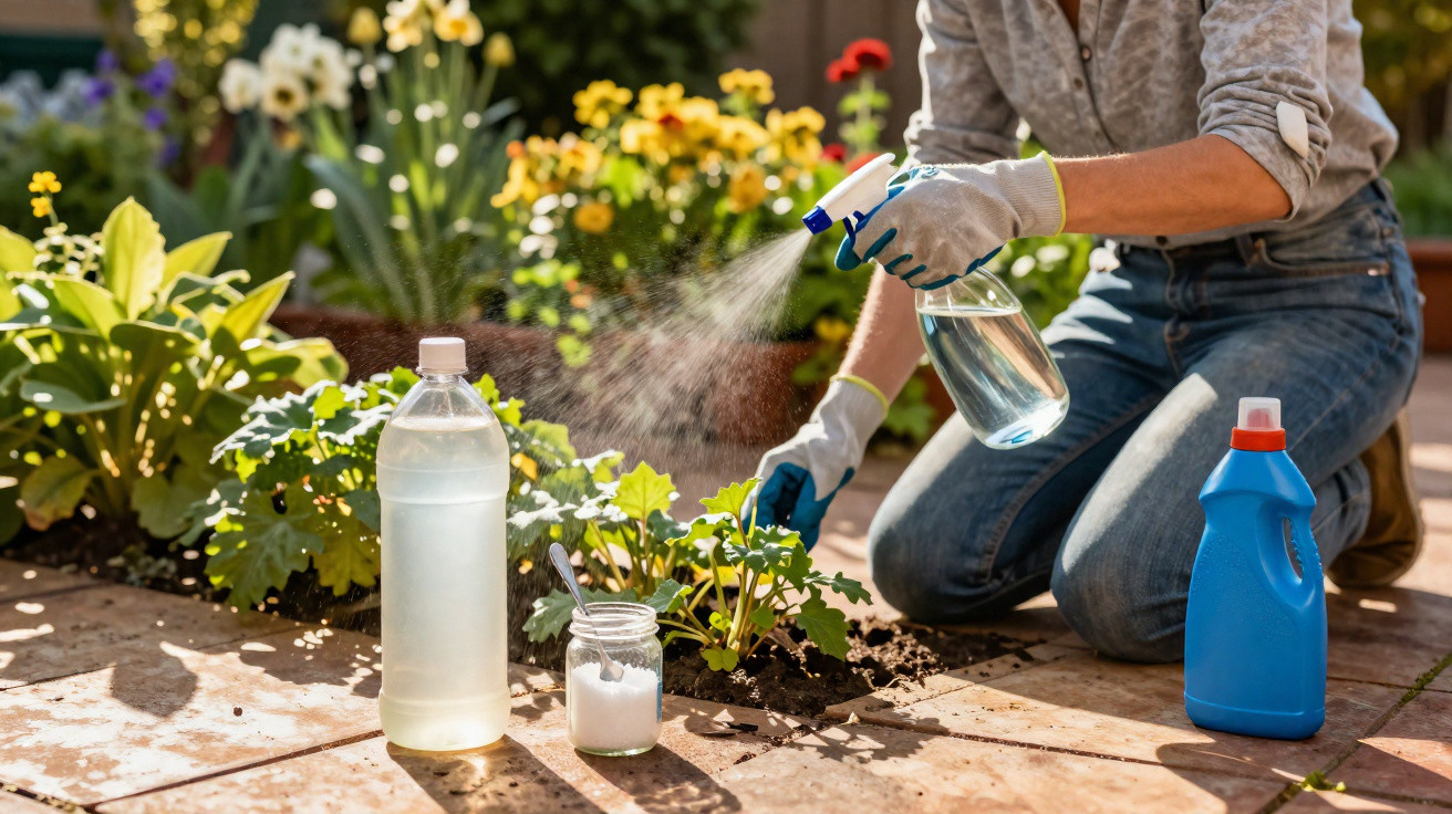 Person spraying plants with a mist from a spray bottle in a sunny garden with gloves on.