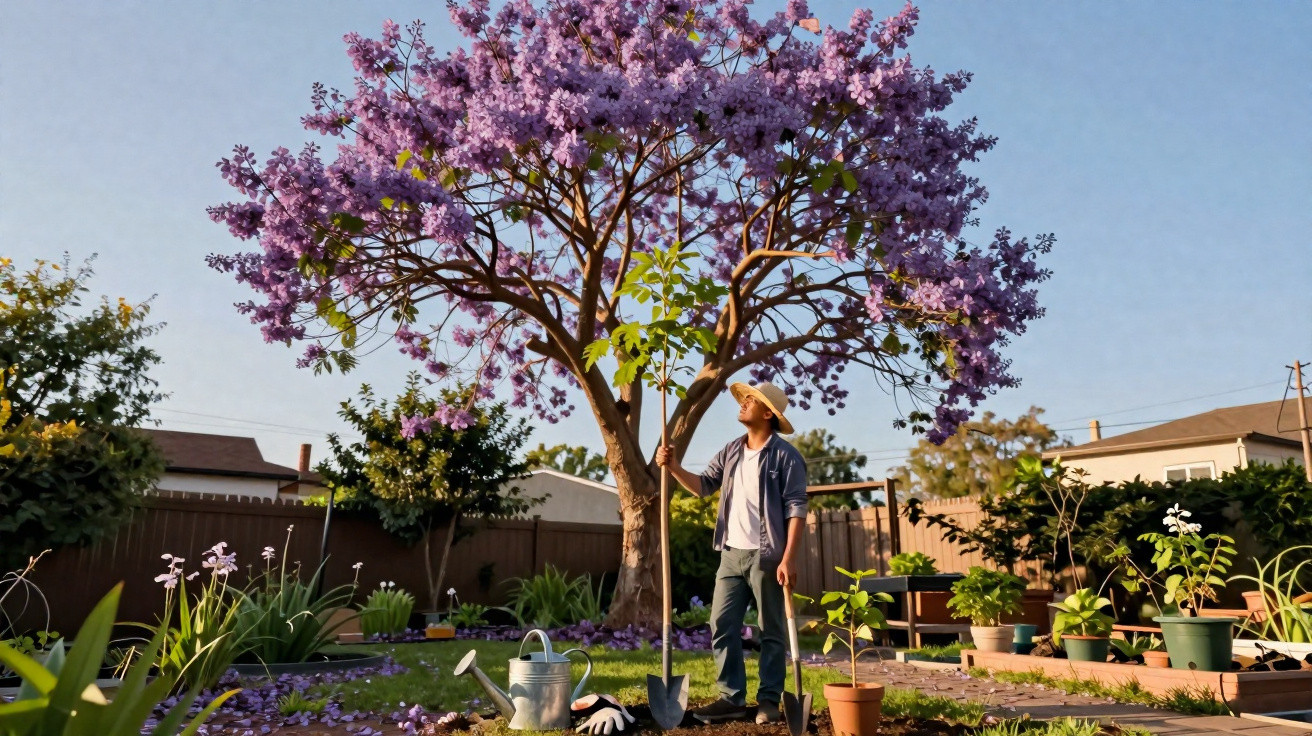 Person standing under a blooming jacaranda tree in a garden with gardening tools and plants nearby.