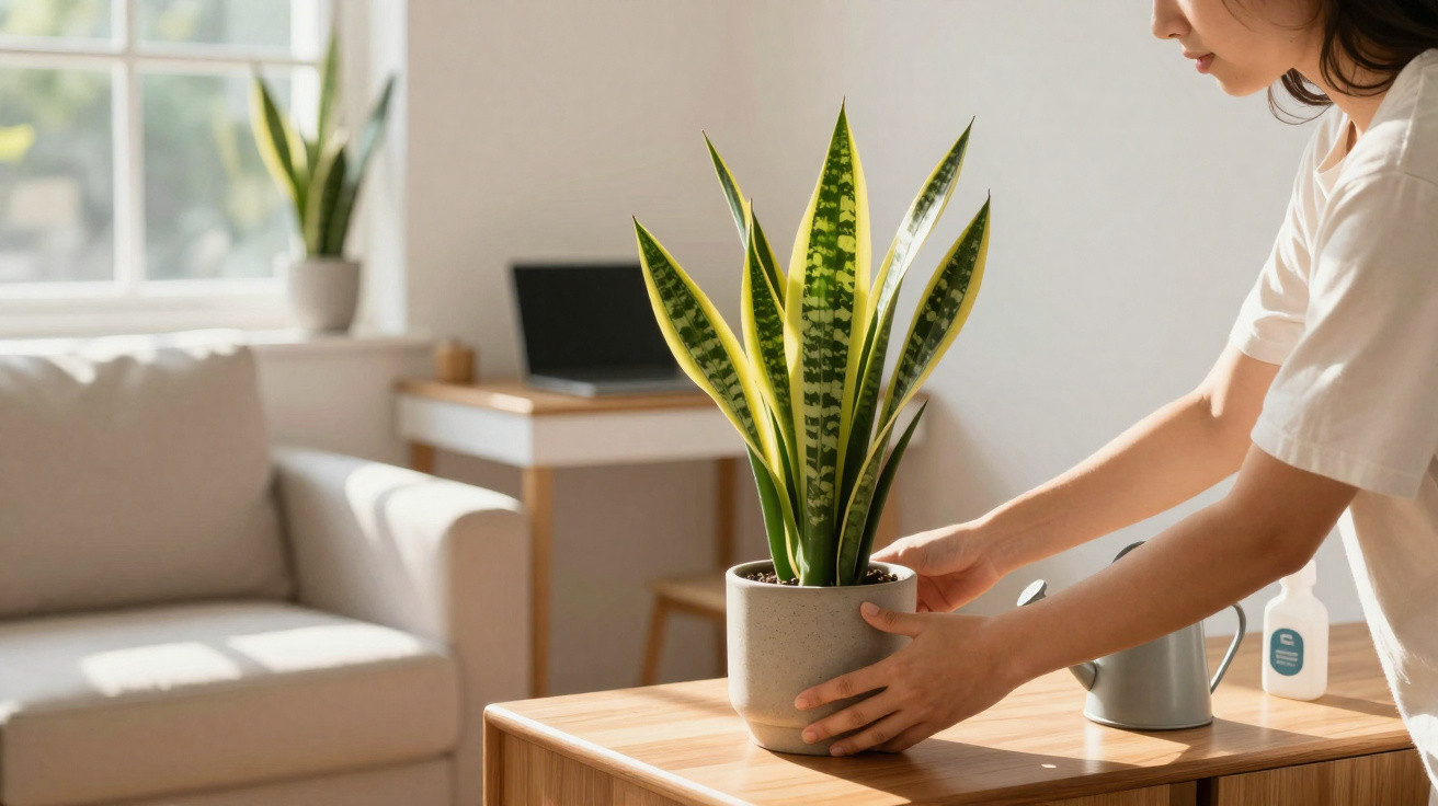 Person placing a potted snake plant on a wooden table in a bright, modern living room.