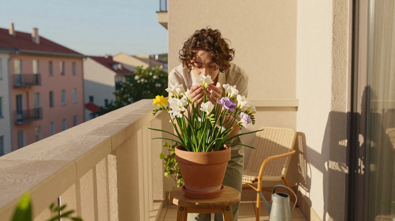 Person with curly hair smelling a colourful flower pot on a sunlit balcony with buildings in the background.