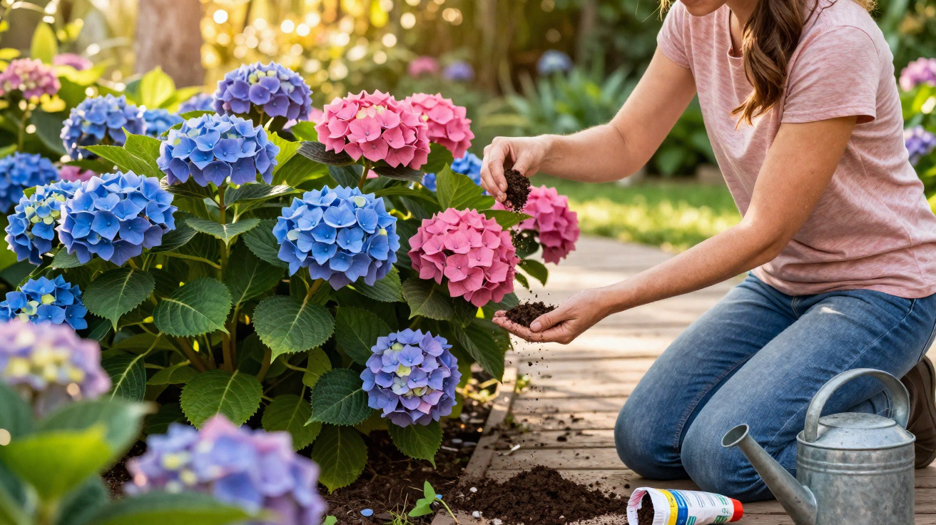 Woman kneeling in garden tending blue and pink hydrangeas with watering can nearby on path