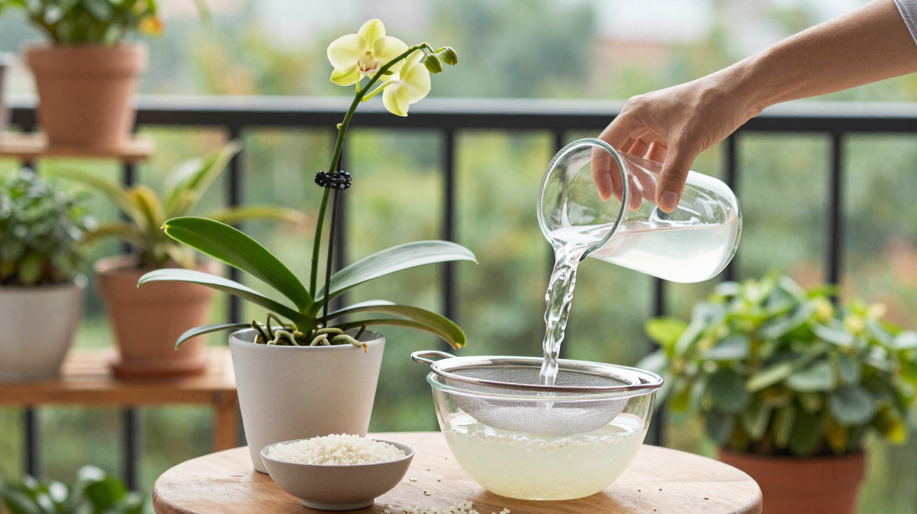 Hand pouring water from a jug through a sieve into a bowl, next to a potted orchid and bowl of rice.