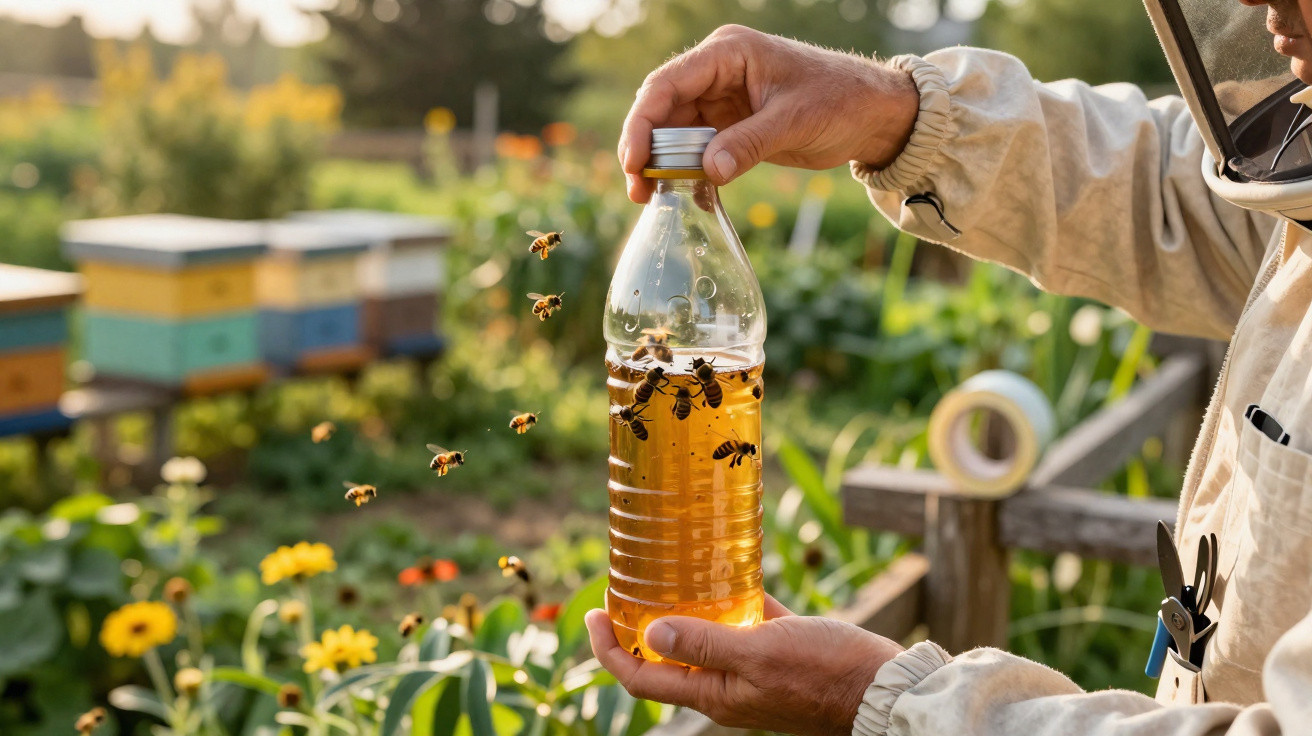 Beekeeper holding a bottle of honey with bees flying around in a vibrant garden.